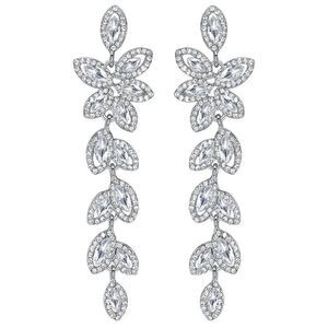 Silver with White Diamond Crystal Leaf Chandelier Dangling Post Back Earrings